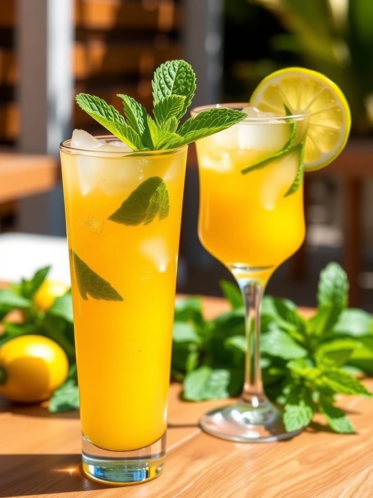A tall glass of Passionfruit Mojito with ice, mint, and lime, set against a sunny outdoor backdrop.